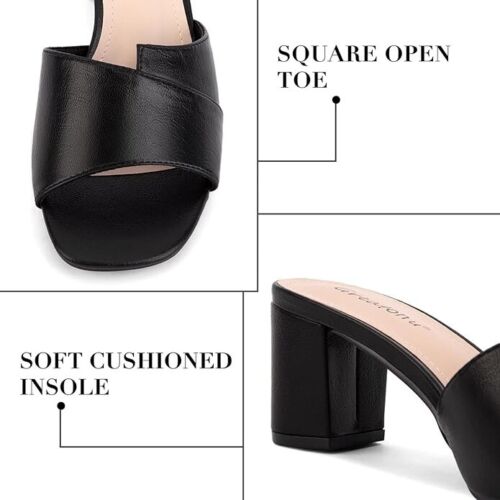 Greatonu Heeled Sandals Square Toe Sandals Slip On Chunky Block Mule Heel-Black - Picture 3 of 12