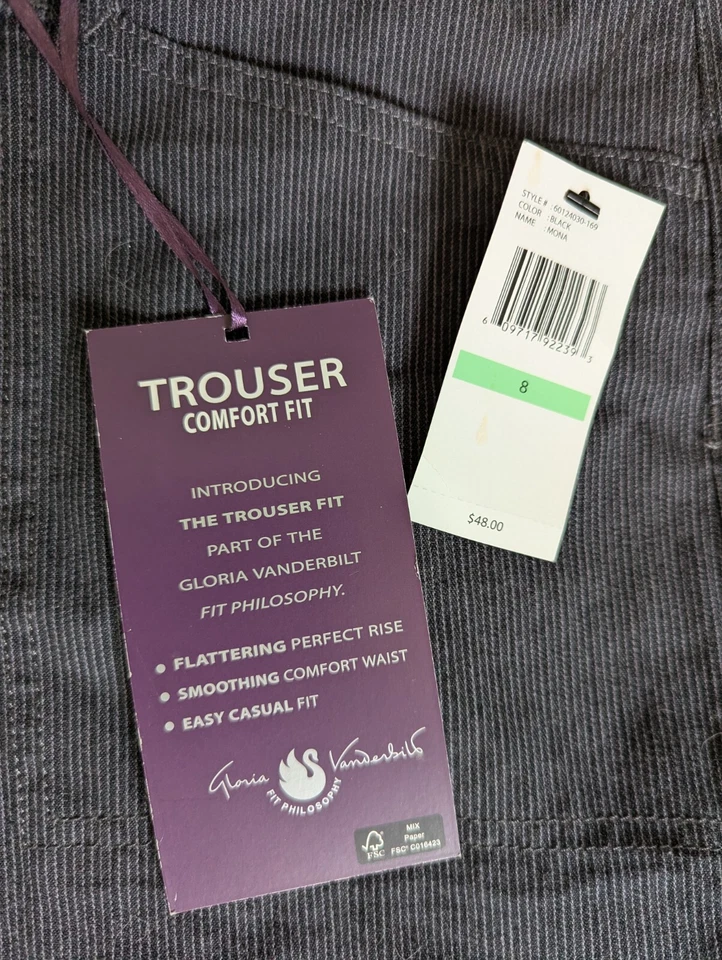 NWT Gloria Vanderbilt Comfort Fit Charcoal Gray Trouser Size 8 Soft Corduroy - Image 3 of 4