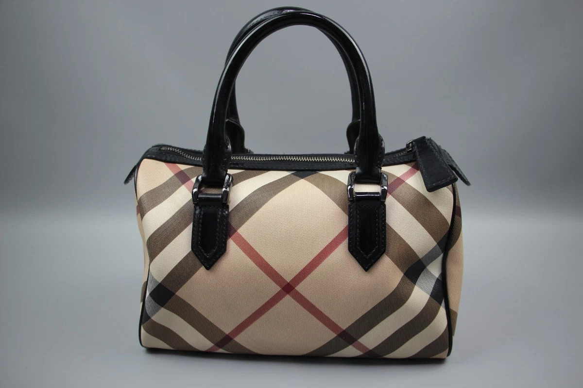 BURBERRY Boston Nova Check Used Canvas PVC Black leather Hand