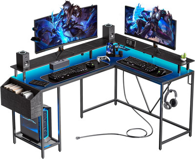 53Inch L Shaped Desk,L Shaped Gaming Desk with Power Outlets & LED Lights, Compu