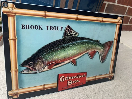 Vintage Style Brooke Trout Fishing Griesedeick Bros Lager Beer Heavy Steel  Sign