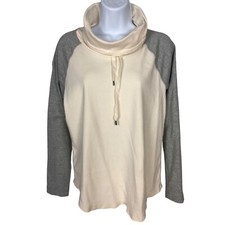American Living Sweatshirt Women Size L White Gray Cowl Neck Drawstring