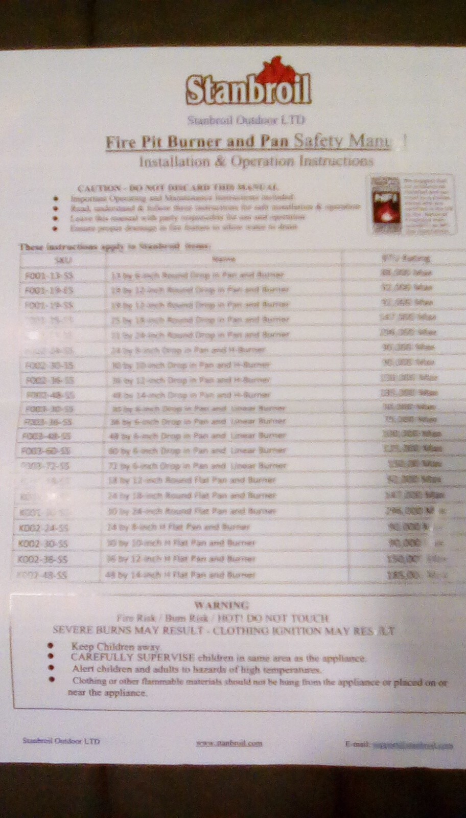 STANBROIL F003-36-SS 36" LINEAR TROUGH DROP-IN FIRE PIT & BURNER - NIB