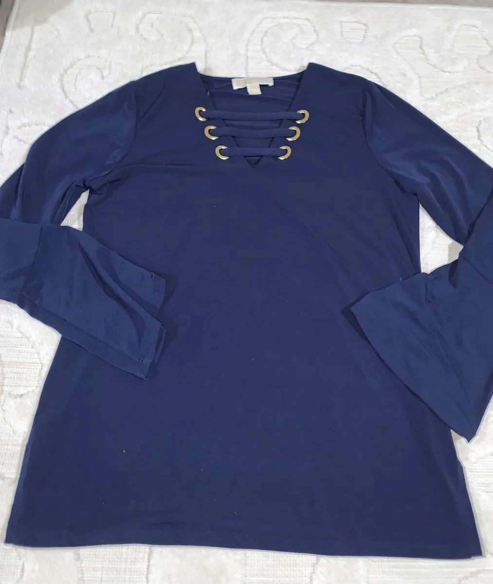 Women s Michael Kors Long Sleeve navy Blue Blouse w gold accents Shirt Top Sz M