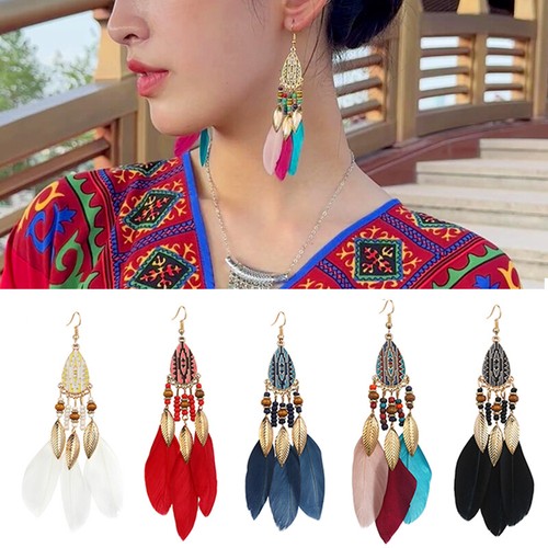 Boho Vintage Long Tassel Feather Dangle Drop Earrings Women Charm Jewelry Gift ↖ - Picture 36 of 55