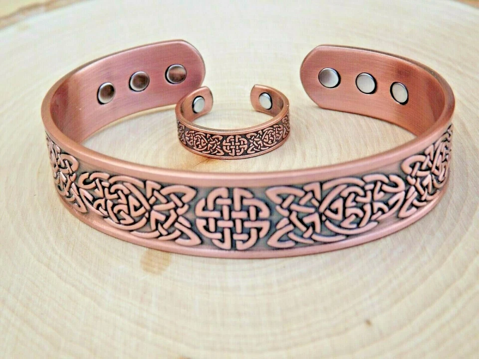 Juego de brazalete y anillo magnético de cobre macizo artritis para hombre anillo celta Foto 3 de 3