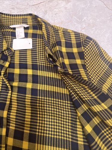H&M kariertes Shirt mit Knopfleiste Pailletten perlenförmig Vogel gelb marineblau Gr. 2 neu - Bild 8 von 12