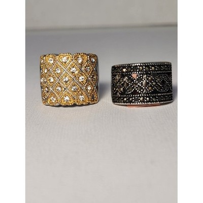 Neu mit Etikett Set Gold gestepptes Pavé + schwarzer Markasit breites Band Ring Paket Größe 6