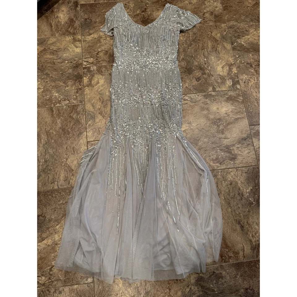 Impresionante Vestido Formal Adrianna Papell Platino Plateado Lentejuelas Cuentas Talla 0 Foto 4 de 4
