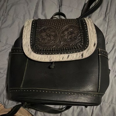 Trinity Ranch Western Tooled Floral Studded Backpack Black Brown for Women