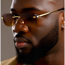 Rimless Sunglasses Rectangle Brown Lens Gold Frame Men's Fashion Sreet Wear New