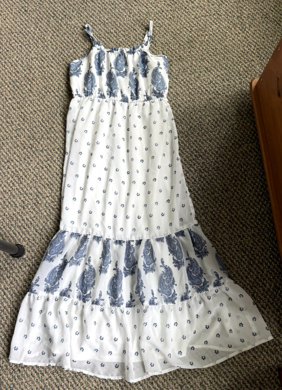 LN TCP Children’s Place Girls Long Blue Paisley Floral Lined Tiered Dress, 10/12