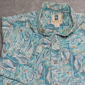 Vtg Kahala M Hawaiian Shirt Blue Fish AOP Eclectic-Grandpa Hawaii-Made Aloha M