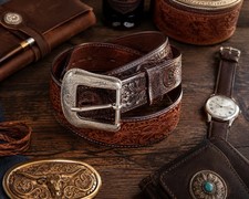 Vintage Hand Tooled Leather Western Belt Two Tone Brown Floral Silver Buckle 44