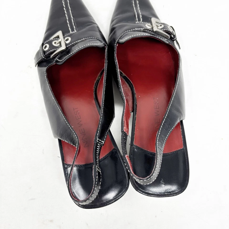 Y2K Nine West Tacones de Gatito Talla 8 Hebilla Punta Cuero Negro Foto 4 de 4