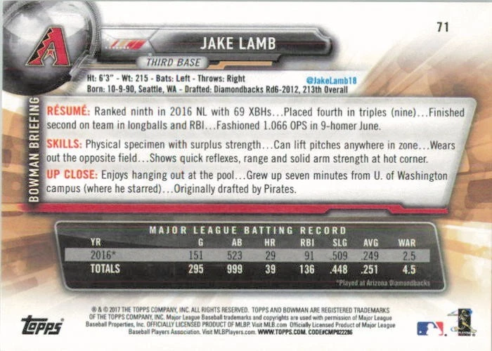 2017 Bowman Baseball #71 Jake Lamb Arizona Diamondbacks - Image 2 of 2