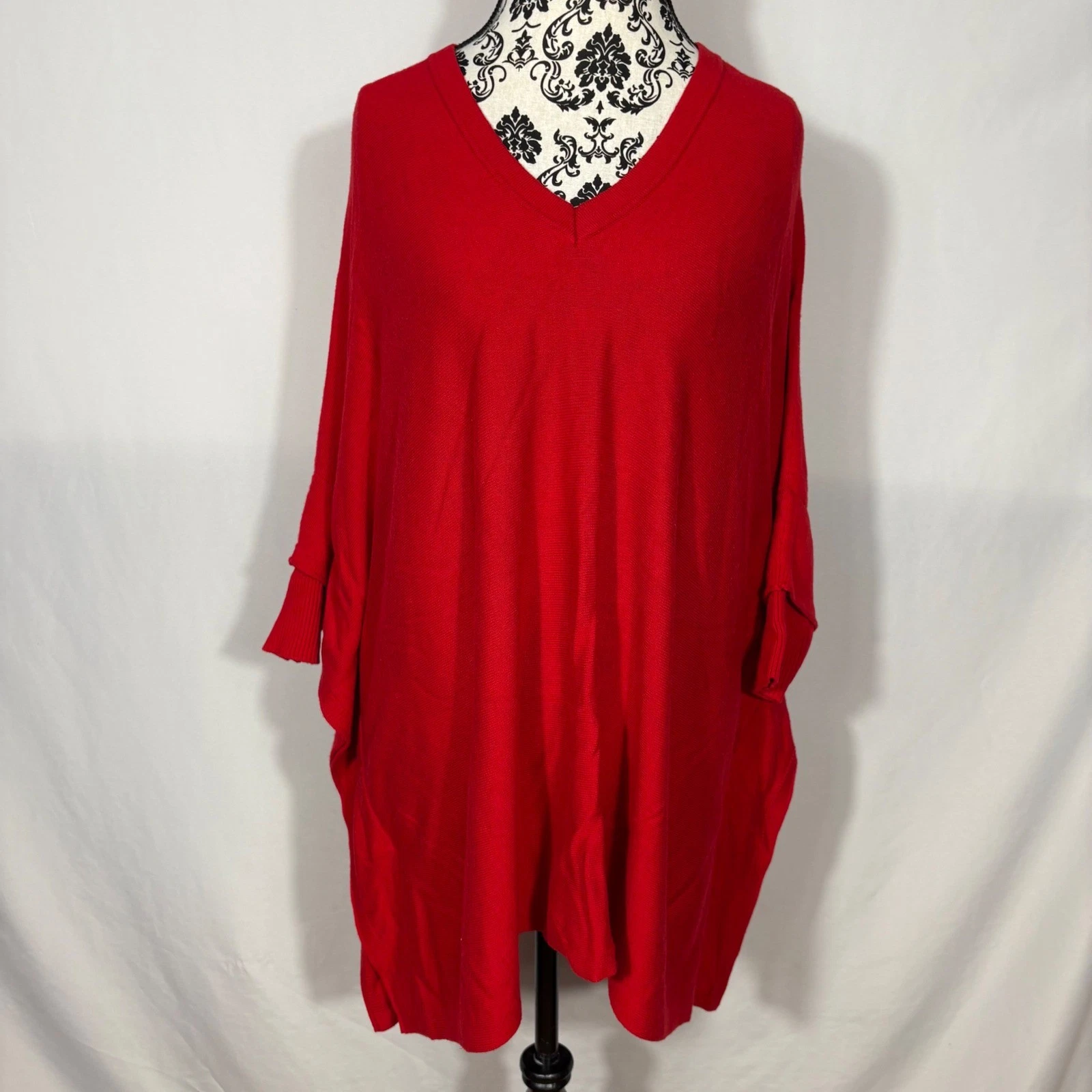 Chelsea & Theodore Red Oversized Poncho Sweater V-Neck Cashmere Blend Large