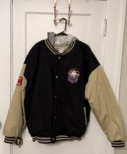 VINTAGE Disney Store Mickey Mouse Hooded Bomber Varsity Jacket Black Denim XXL