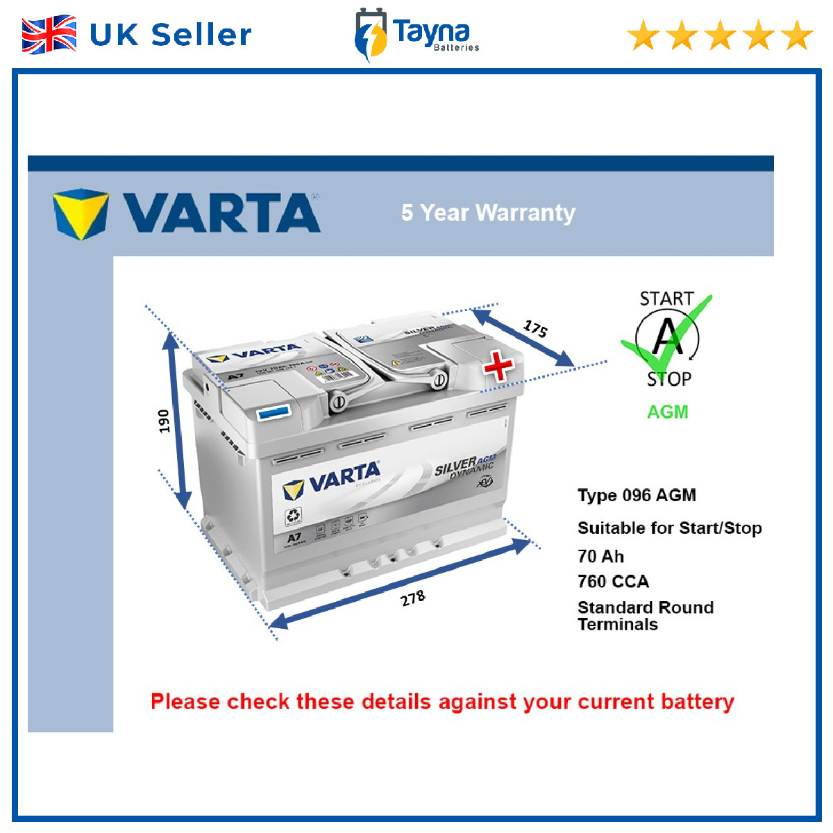 AGM Car Battery A7 Varta 096 AGM 760A 70Ah 5Yr Warranty 278x175x190 Start Stop
