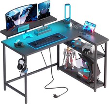 L Shaped Gaming Desk with RGB LED Lights & Power Outlets