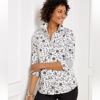 Talbots NON-IRON PERFECT SHIRT - BIRDS & BUNNIES Size 10 White & Black Size 10