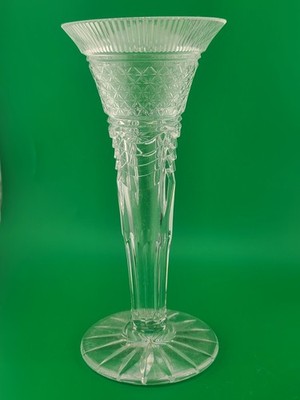 Rare William Yeoward Crystal 8'' Trumpet Bud Vase Diamond Cut Fluted Rim England