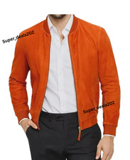 Lambskin Mens Orange Suede Leather Bomber Casual Jacket Outer Wear Style Design