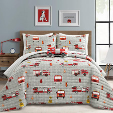 Lush Decor Fire Truck Quilt 3 Piece Set Twin Red Gray - Reversible Stripe Print