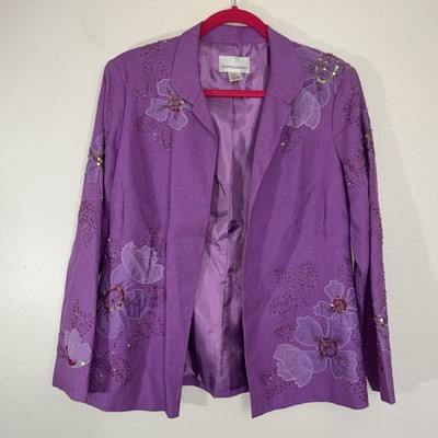VTG Drapers Damons Sz 12 Floral Open Front Jacket Purple Embroidered Art To Wear