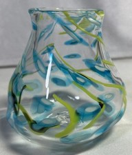 Hand Blown Murano Style Blue Confetti Abstract Art Glass Vase Cottagecore Boho