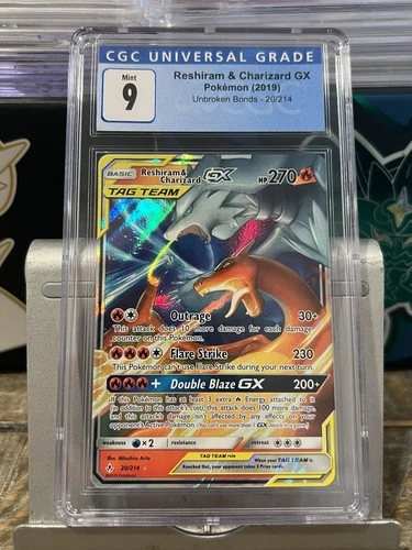 Pokémon Reshiram & Charizard GX Holo Card 2019 Unbroken Bonds 20/214 CGC Mint 9