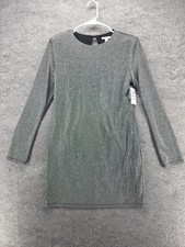 Bar III Dress Womens M Silver Bodycon Knee Length Knit Lined Long Sleeve