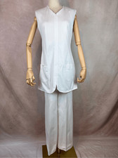 Vintage 1960s 70s Pantsuit White 2 Piece Set Polyester MCM Mod