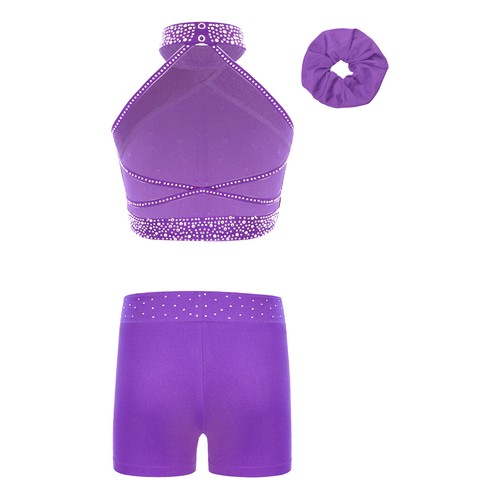 Girls Tracksuit Shiny Outfit Ballet Activewear Rhinestones Set Dance Crop Top - Picture 69 of 75