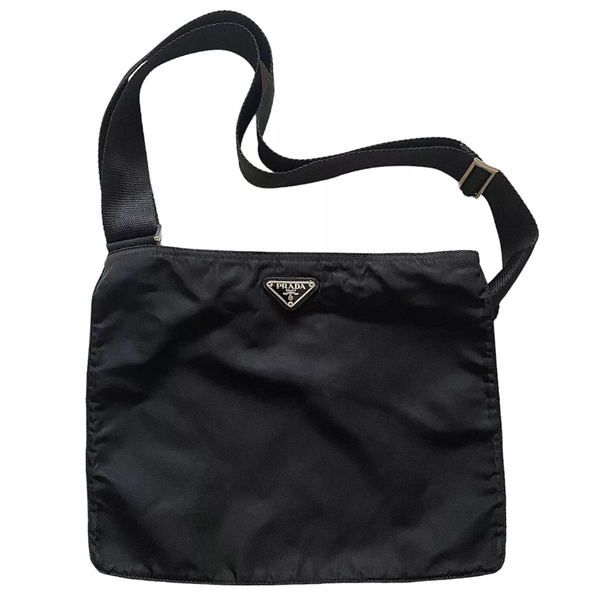 AUTHENTIC PRADA NYLON CROSSBODY ZIPPER BAG, BLACK, H: 10” X W: 12.25”