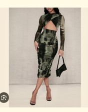 Pretty Little Thing Khaki Abstract Cutout Midaxi Dress Sz8 Green