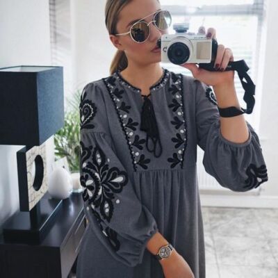 zara grey embroidered dress ZARA Embroidered Enthracite Grey Dress Above The Knee Mini SIZE L
