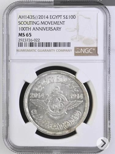  Egypt 2014 Silver Coin "Egyptian Scouting Movement",100 Pounds, Ngc Ms 65