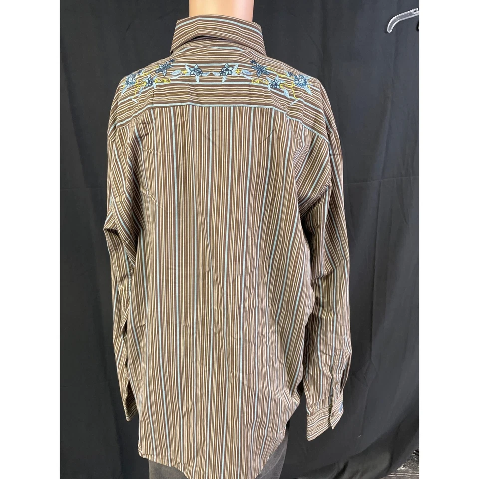 Coastal Men's Floral/Striped Brown Button up/long Sleeve Shirt Size XL SKU 4085 - Image 3 of 4