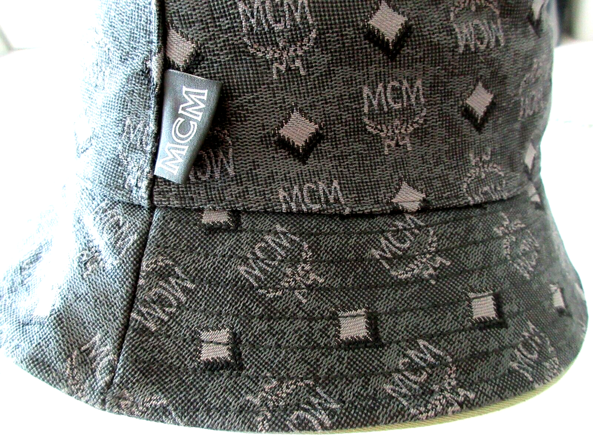 MCM Visetos Dark Grey Unisex Cotton Blend Monogram Logo Bucket Hat