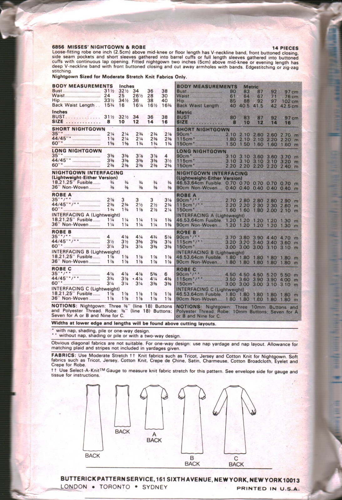 6856 Vintage Butterick Sewing Pattern Misses Loose Fitting Nightgown ...