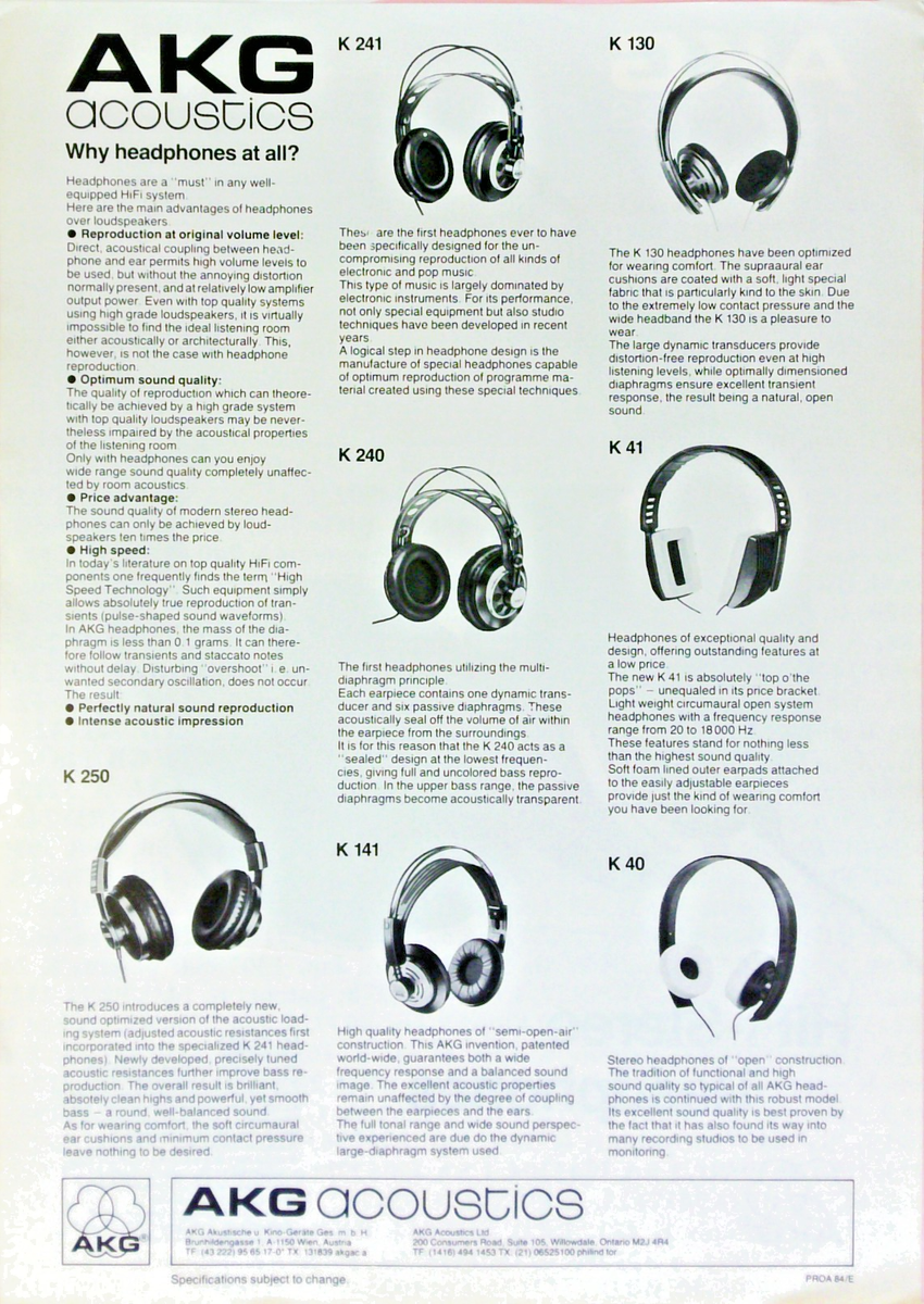 AKG Acoustics Headphone K340 K240 K130 K241 Sales Brochure Specification  Sheet