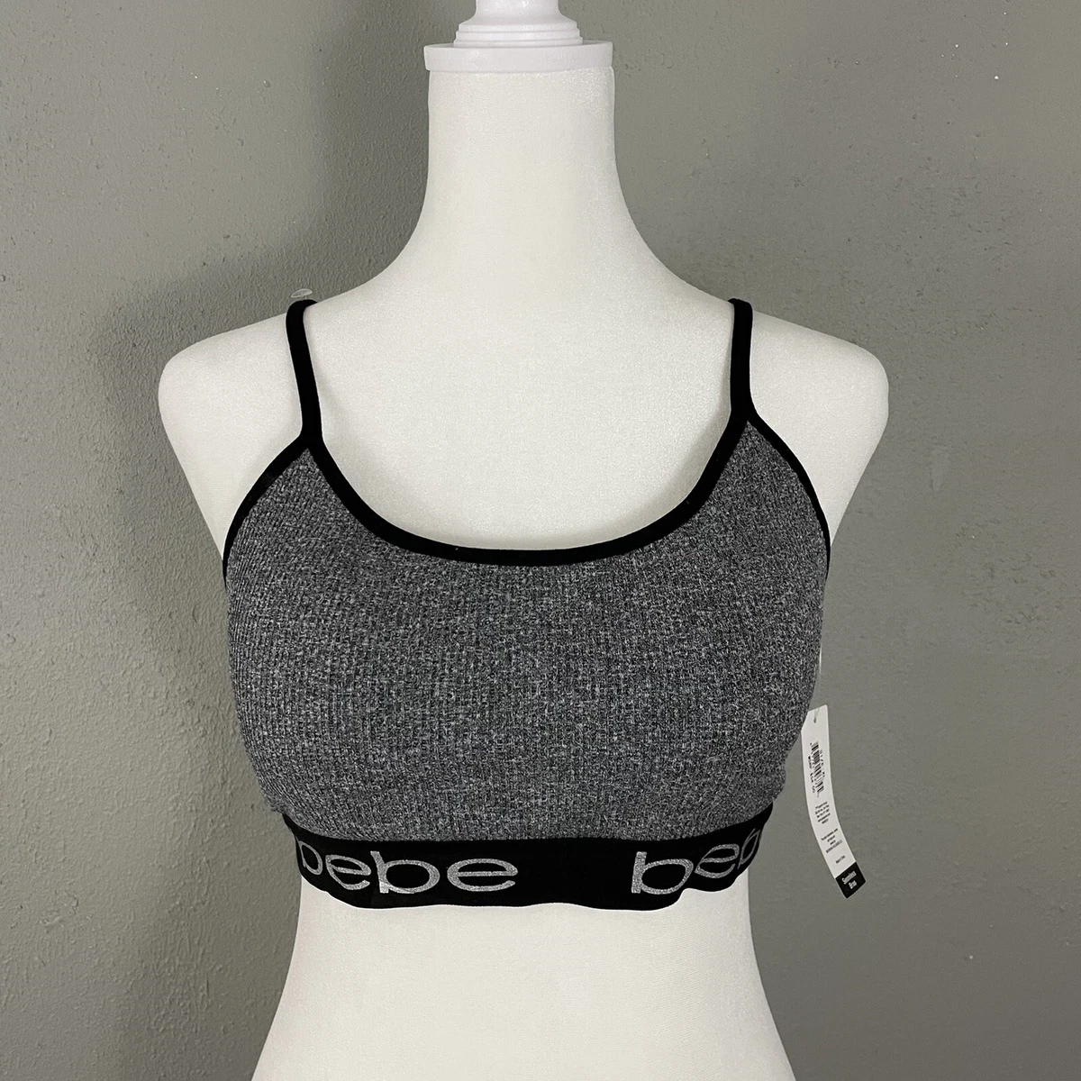 Bebe Sports Bra Womens Size XL Gray Ribbed Padded Adjustable Straps NEW