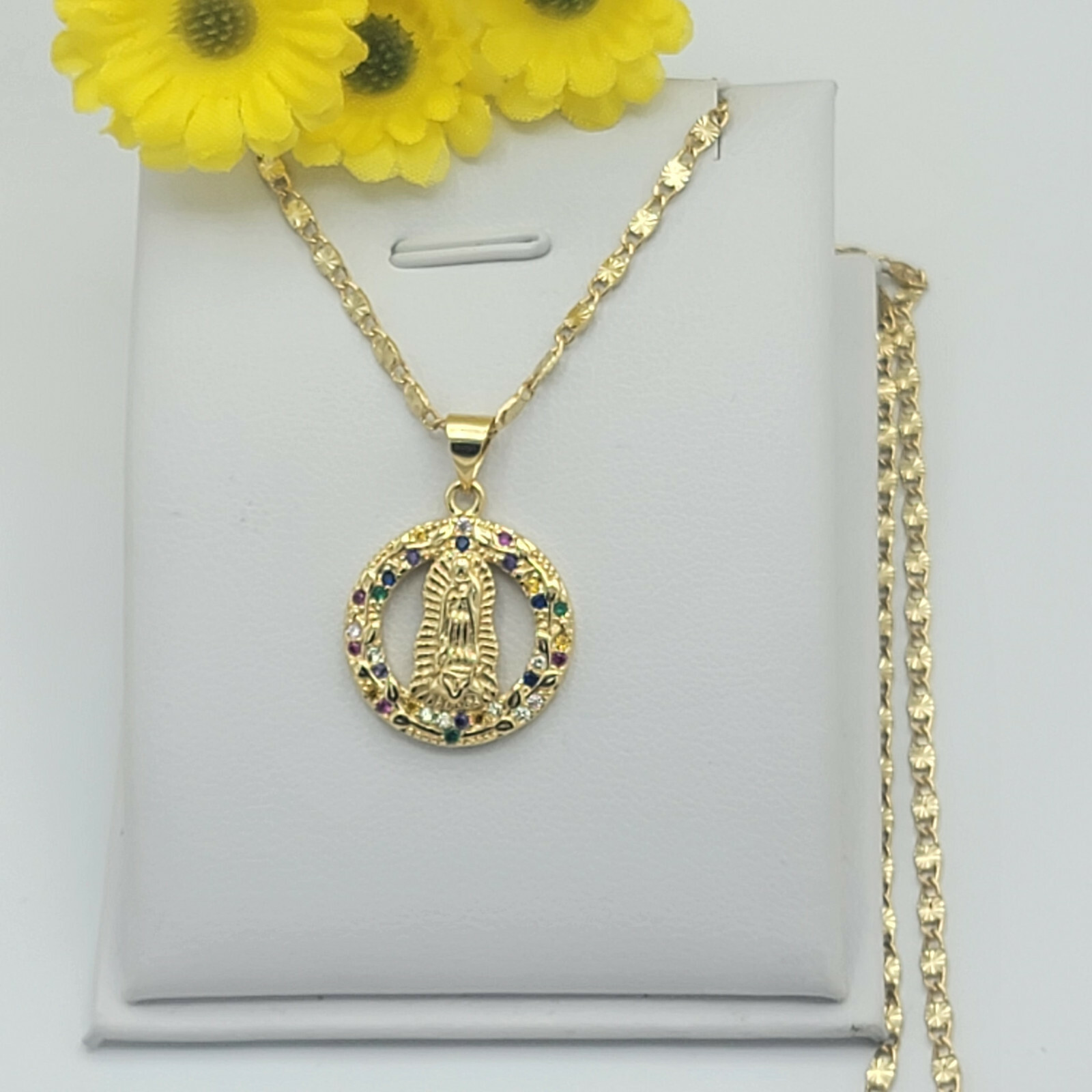 14K Gold Plated Our Lady of Guadalupe Multicolor CZ Pendant Necklace ...