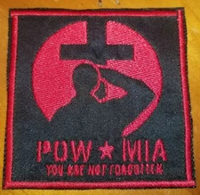 "POW/MIA You Are Never Forgotten" Red on Black - sew on/iron on patch  10146