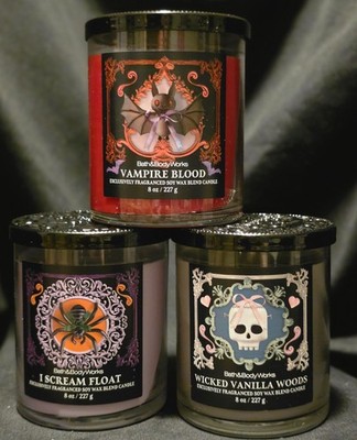 B&BW 3 SINGLE WICK CANDLES  VAMPIRE BLOOD, I SCREAM FLOAT, WICKED VANILLA WOODS