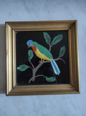 Ancien cadre peinture sur céramique vintage oiseau - Photo 1/2