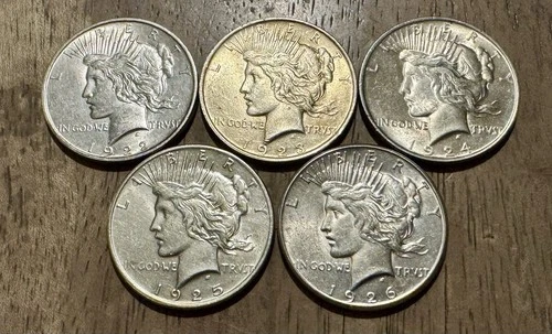 Collection of (5) AU+ Peace 90% Silver Dollars, 1922-S, 1923, 1924, 1925, 1926-S