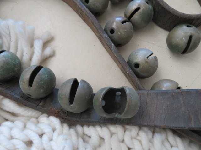 FABULOUS Old Antique Brass Horse SLEIGH BELLS on Leather Strap 49 Bells 2 Pieces