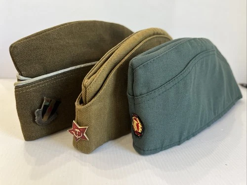 3 Military WW2 Caps - Red Army Russian PILOTKA, East German,US 60th Infantry